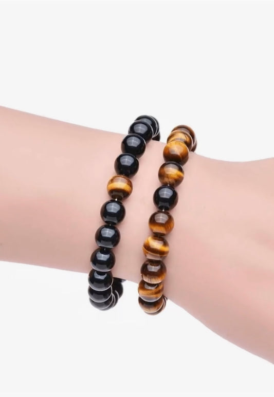 8mm Black Matte Agate & Tiger Stone Beads Bracelets (2 pcs)