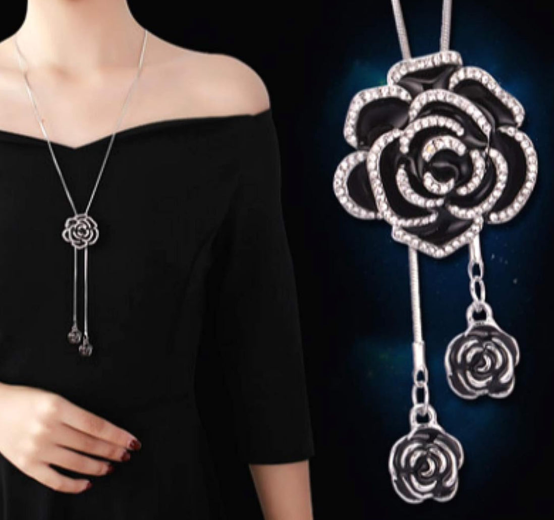 Black Rose Pendant Long Necklace