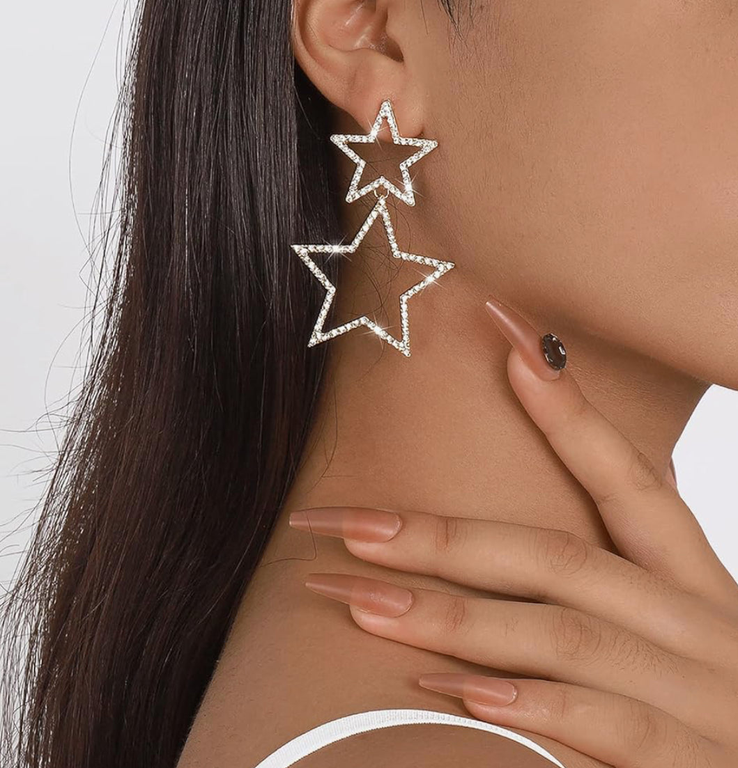 Rhinestone Silver Star Drop Earrings