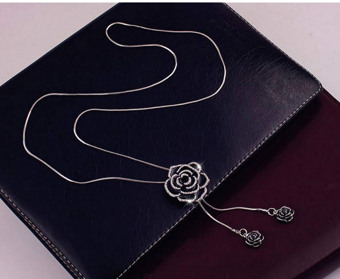 Black Rose Pendant Long Necklace