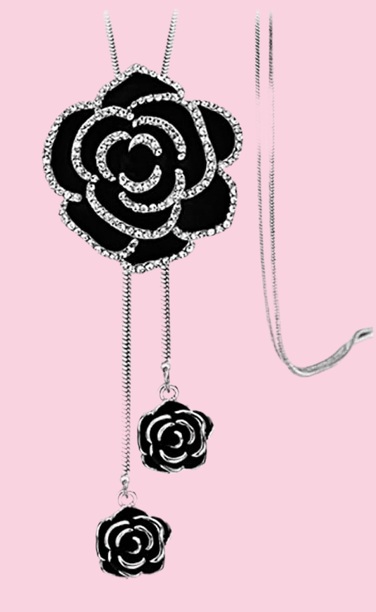 Black Rose Pendant Long Necklace