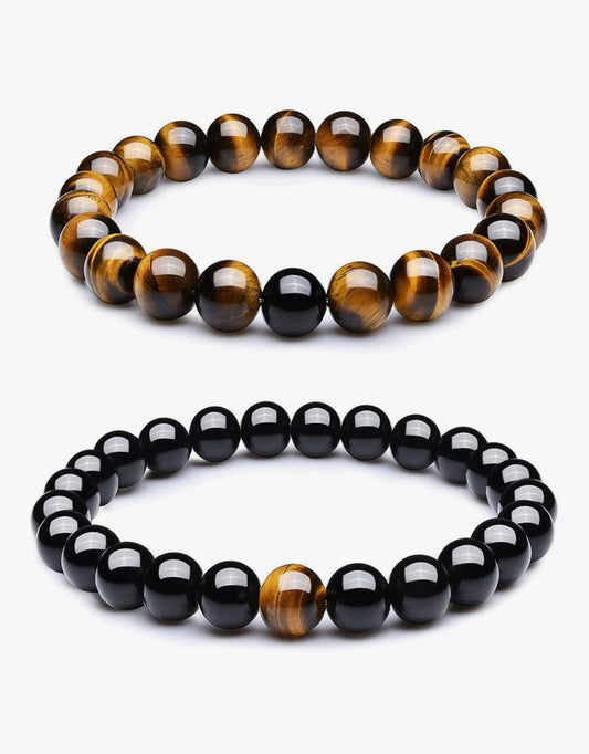 8mm Black Matte Agate & Tiger Stone Beads Bracelets (2 pcs)