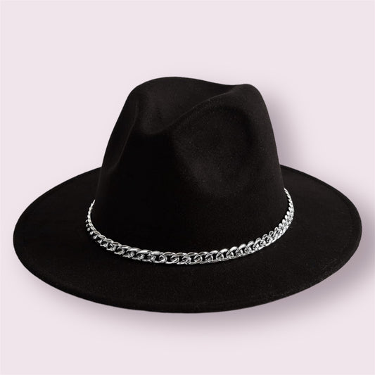 Gossifan Wide Brim Fedora Hat with Chain Belt Accesory