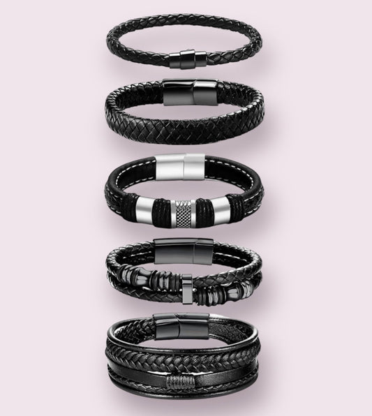 Black Leather and Steel Braided Cuff Bracelets, 5 piece