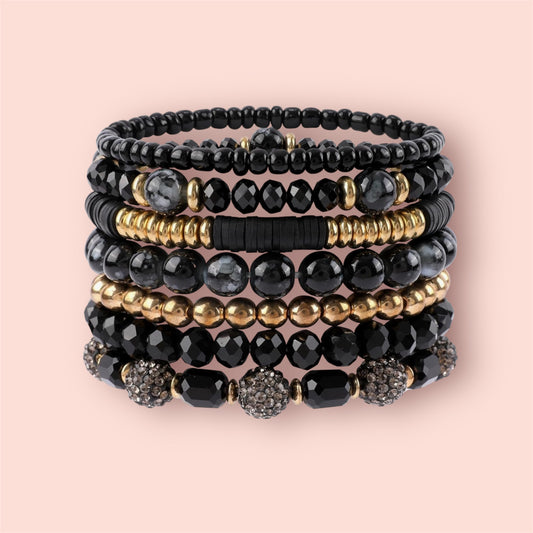 Black Multi-layer Stackable Beaded Stretch Bracelets